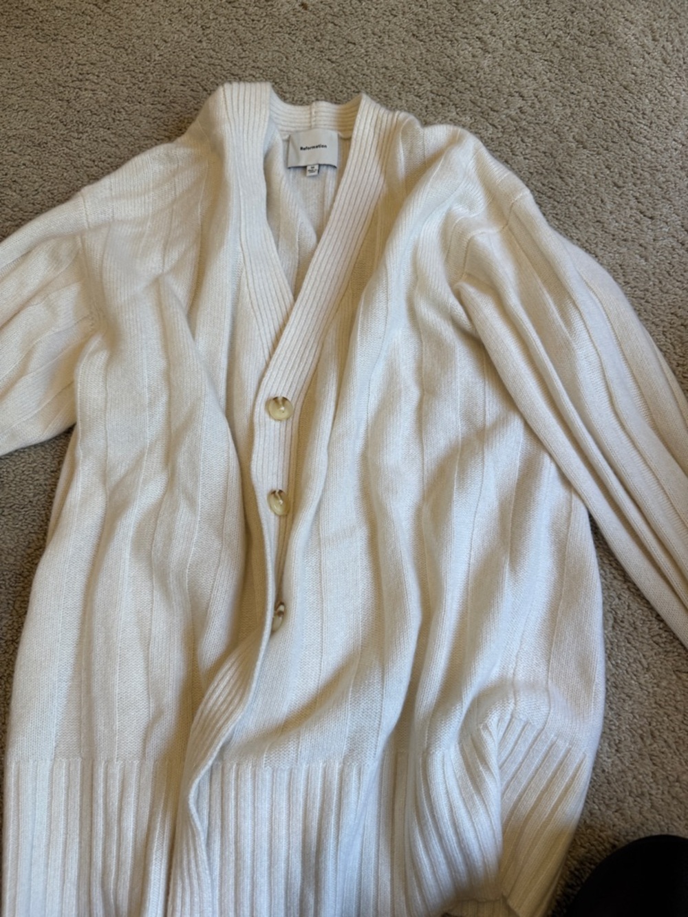 Reformation Cream Ribbed V-Neck Button Cardigan